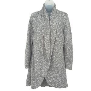Eilleen Fisher Open Front Cardigan Women Large Grey White Knit Cotton Blend Long